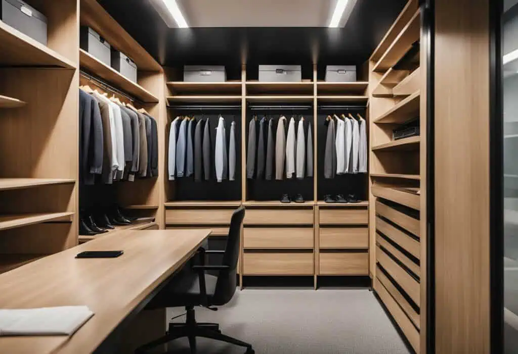 Custom wooden office closet with organized shelves and hanging space.