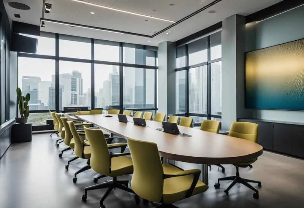 Office conference room designed for productivity and collaboration with large windows and ergonomic.