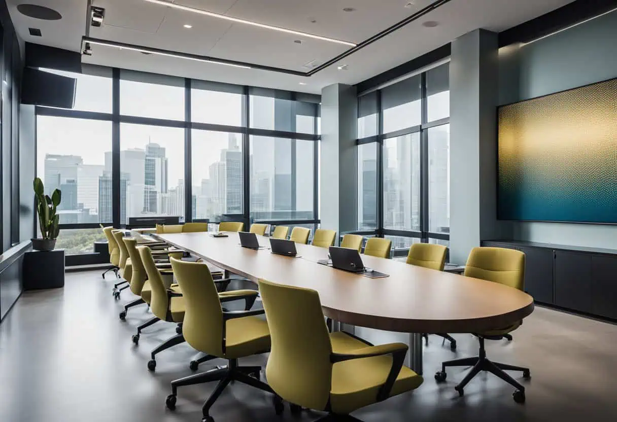 Office conference room designed for productivity and collaboration with large windows and ergonomic.