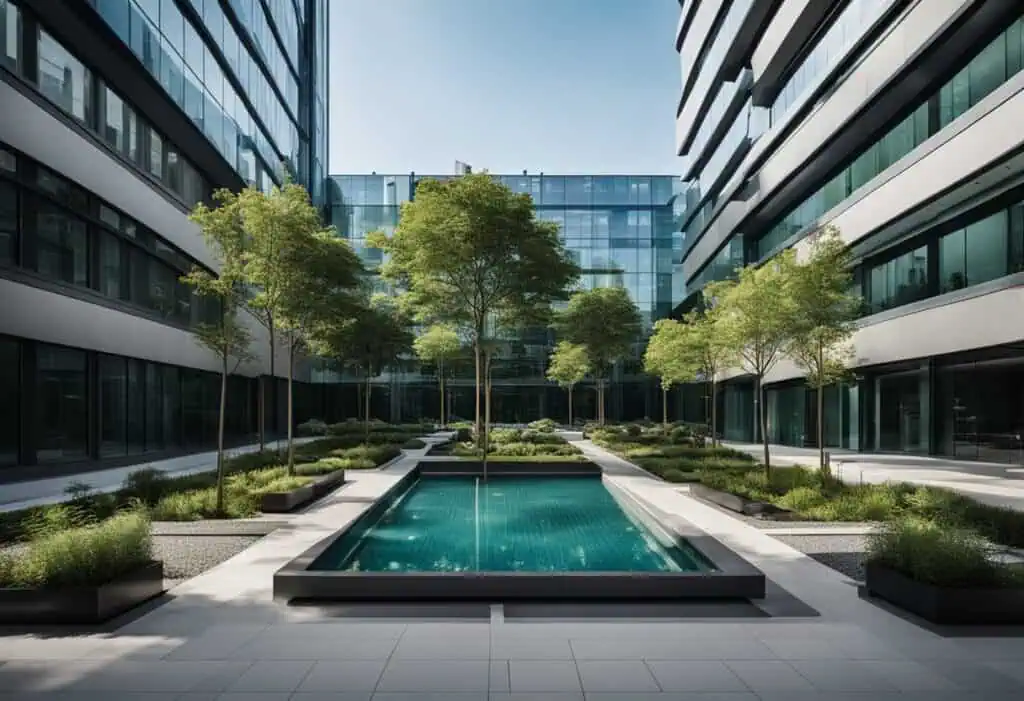 Office courtyard with trees and water feature for a calming outdoor workspace.