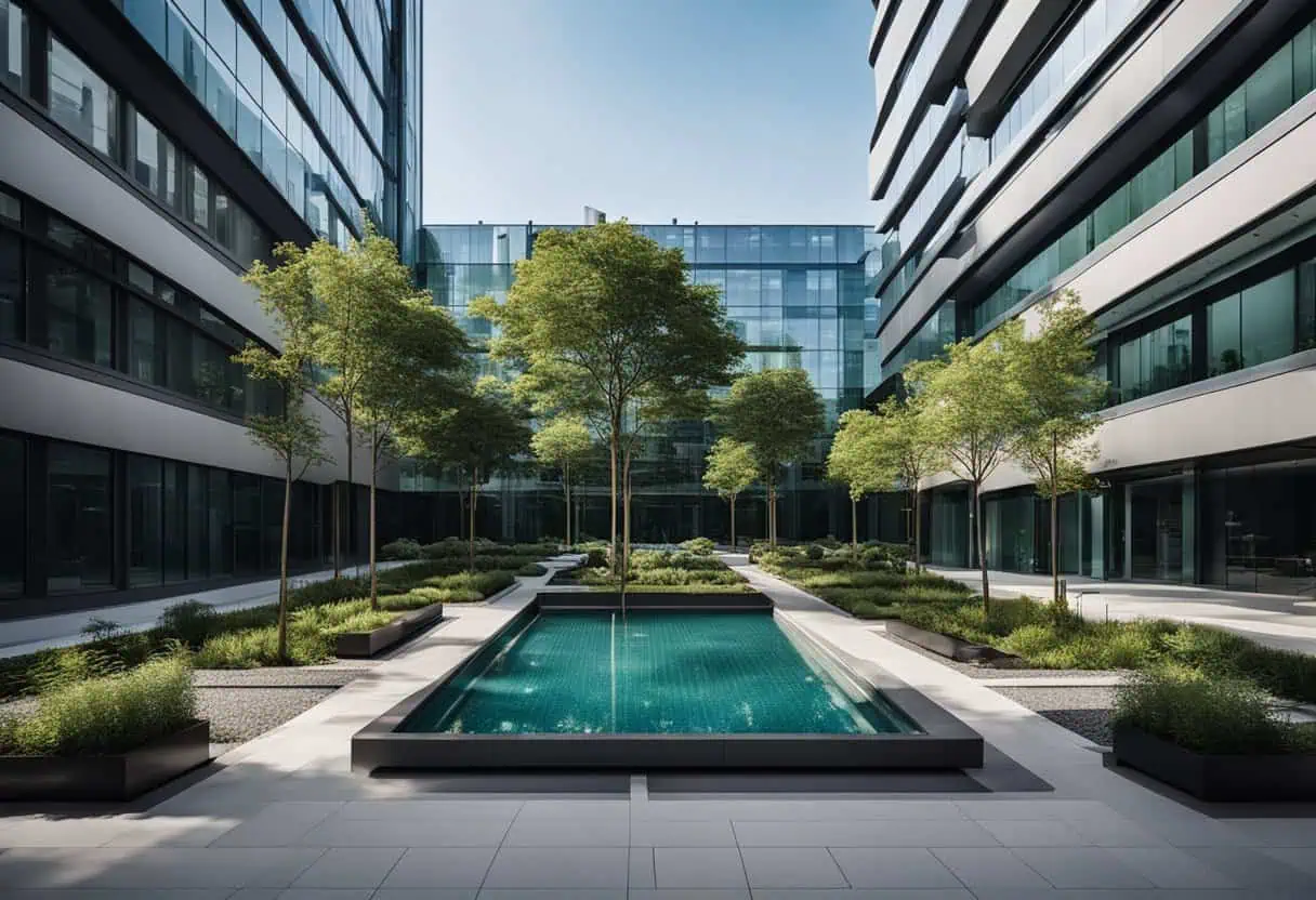 Office courtyard with trees and water feature for a calming outdoor workspace.