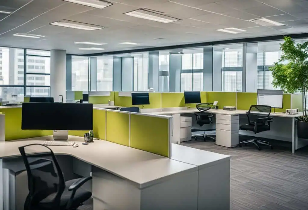 Bright office cubicles with ergonomic chairs and large windows for a productive work environment.