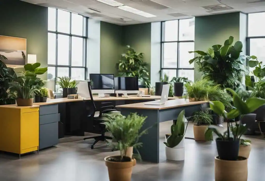 Office design with abundant greenery to boost employee efficiency and workplace well-being.