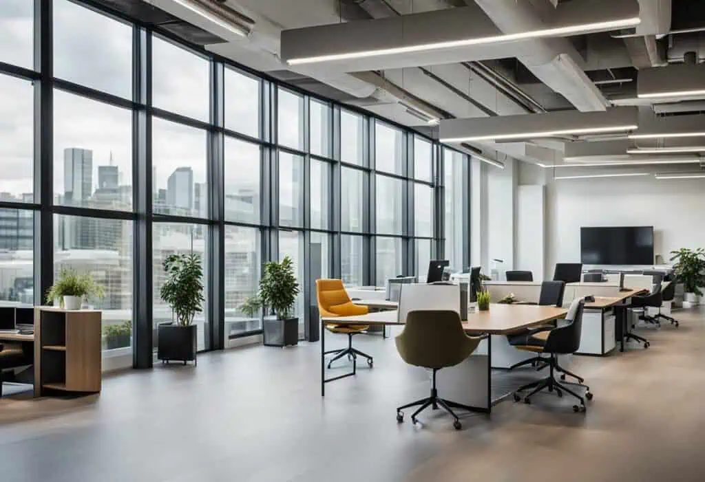 Spacious office design featuring large windows, contemporary furniture, and natural light for a prod.