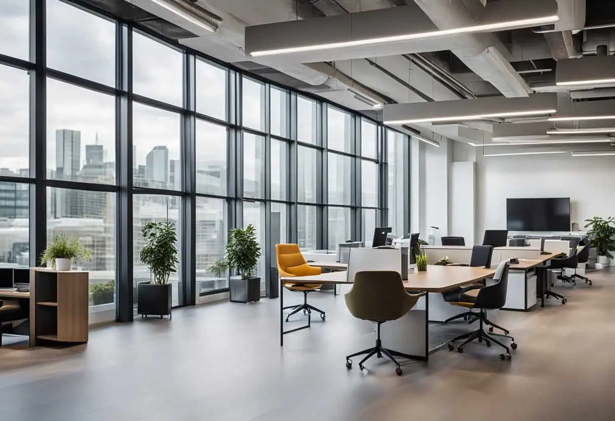 Spacious office design featuring large windows, contemporary furniture, and natural light for a prod.