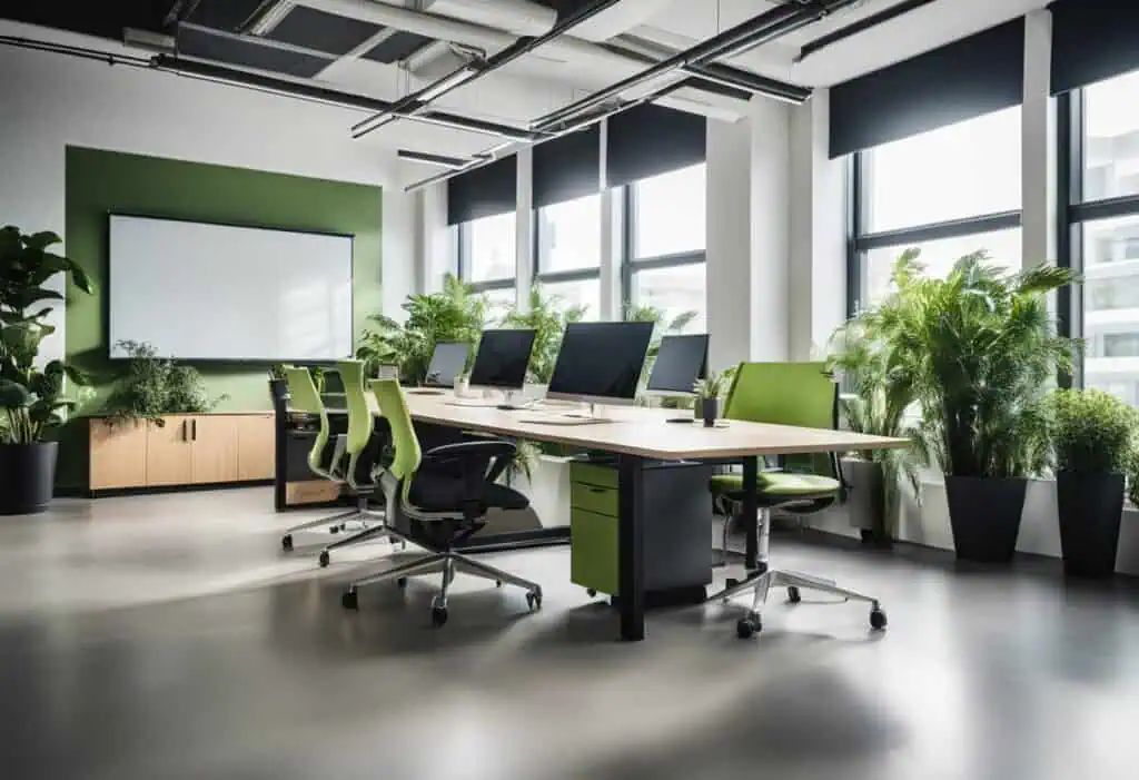 Office design with ergonomic chairs, large windows, and lush plants for a productive environment.