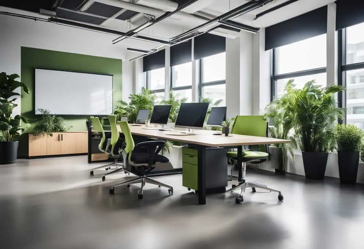 Office design with ergonomic chairs, large windows, and lush plants for a productive environment.