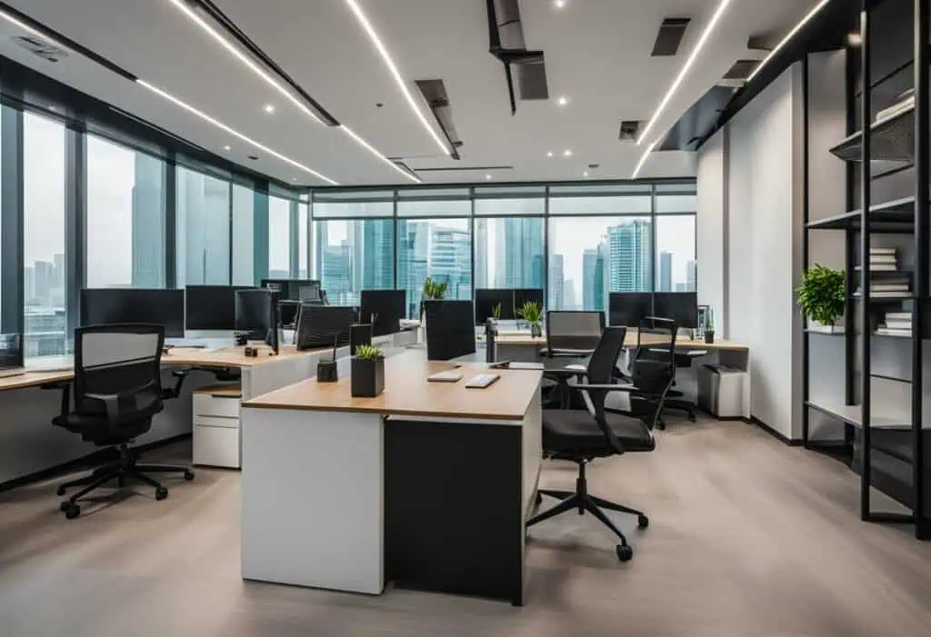 Bright, contemporary office design with large windows and ergonomic furniture.
