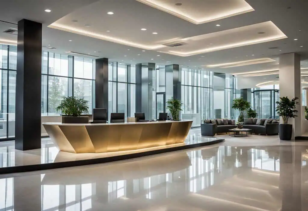 Office building lobby featuring sleek decor, large windows, and welcoming seating area for visitors.