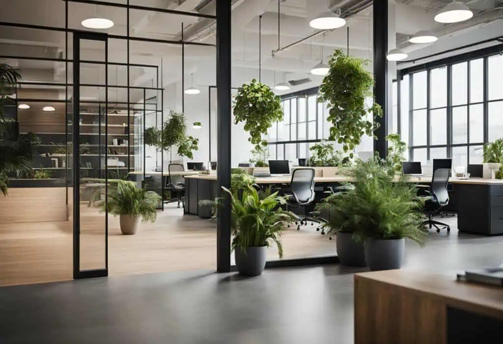 Bright office space with large windows, greenery, and contemporary furniture for a productive work e.