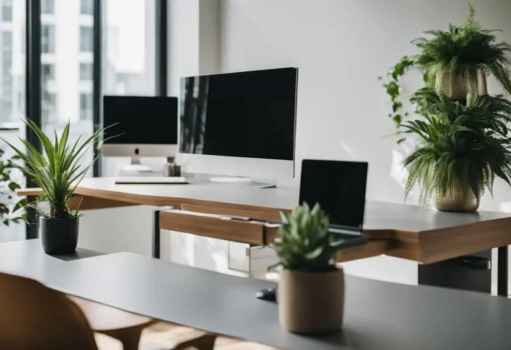 Office workspace with sleek desk, dual monitors, and lush greenery for a productive environment.