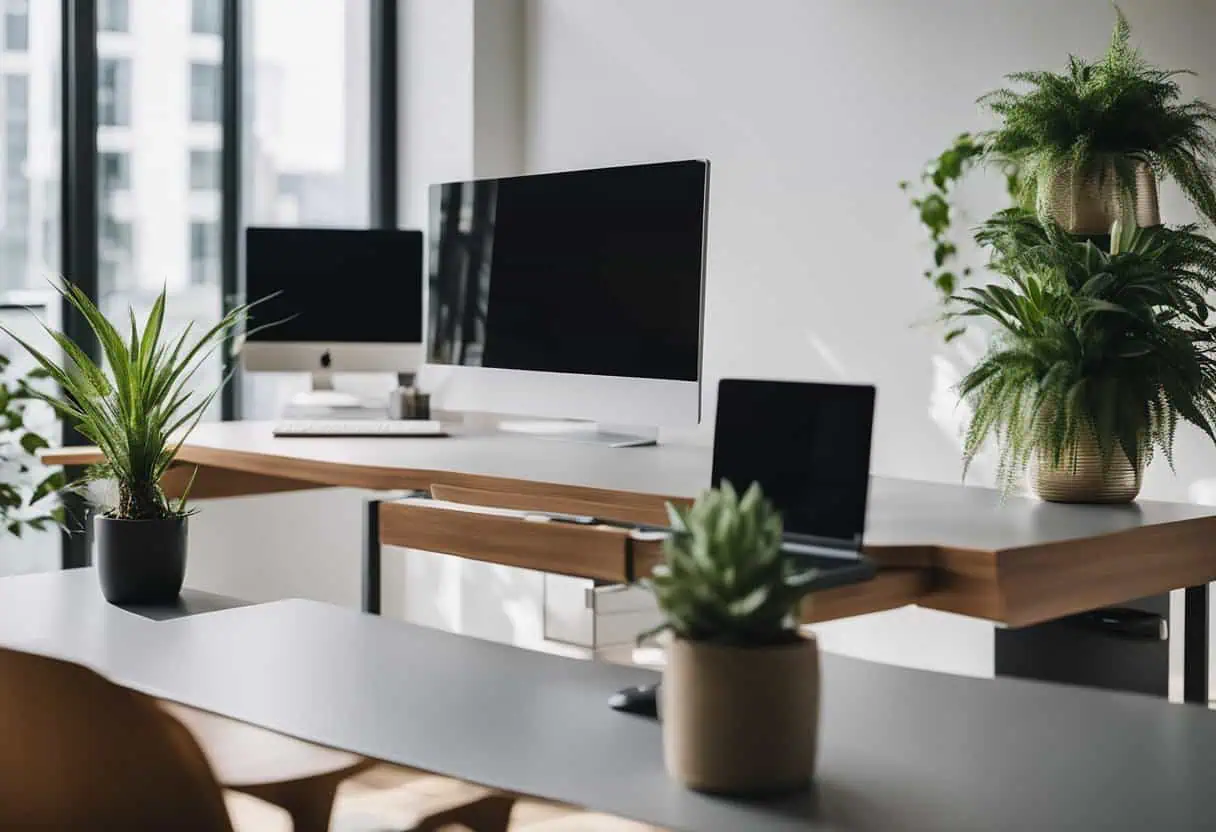 Office workspace with sleek desk, dual monitors, and lush greenery for a productive environment.