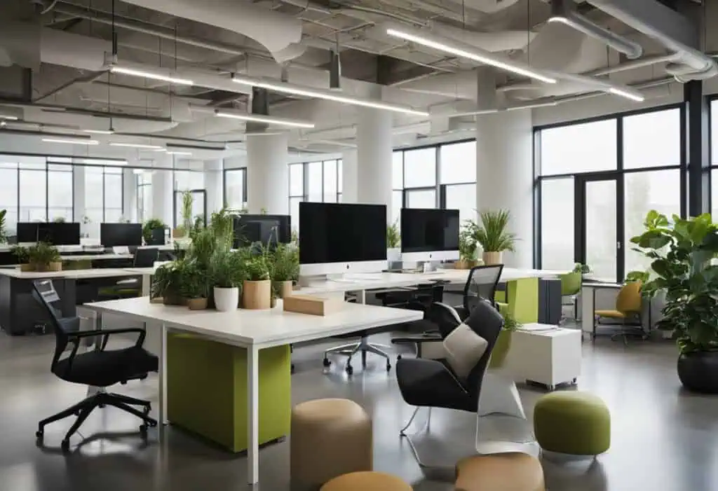Bright, contemporary office design with large windows, plants, and flexible workstations.