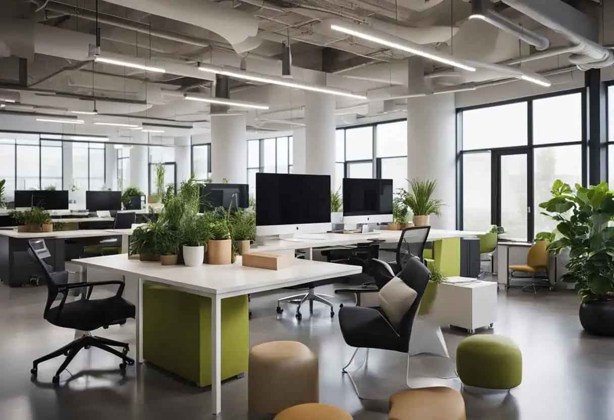 Bright, contemporary office design with large windows, plants, and flexible workstations.