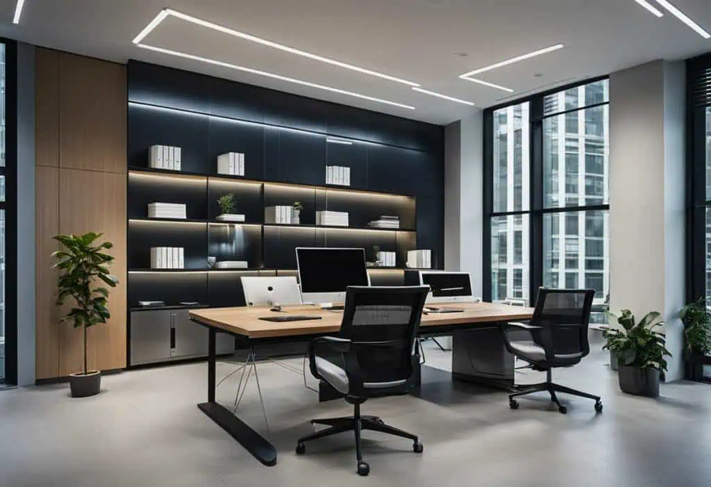 Office design with sleek furniture, large windows, and organized shelving for a professional workspa.