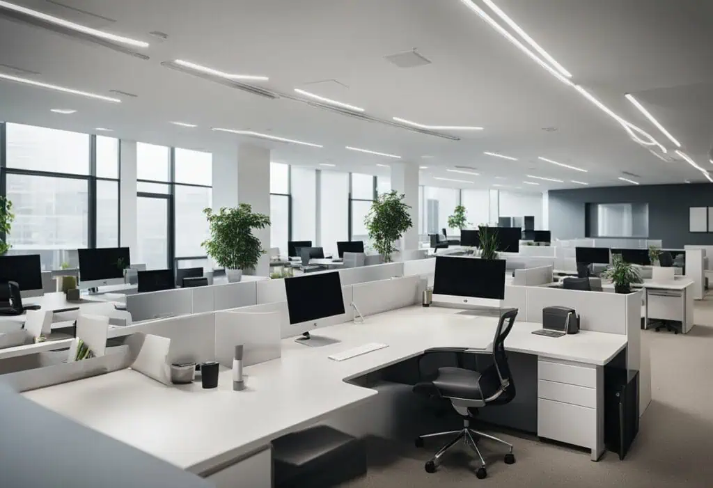 Office design emphasizing productivity and comfort with organized workstations and natural lighting.