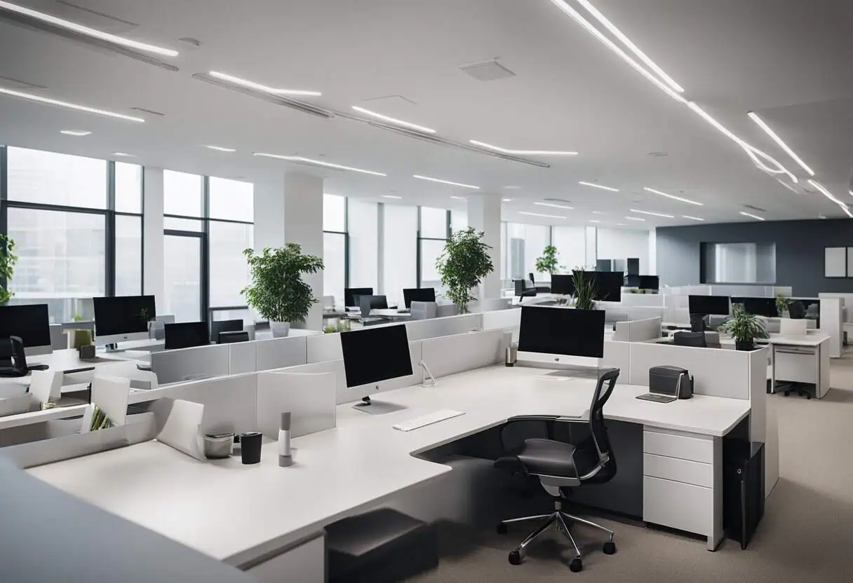 Office design emphasizing productivity and comfort with organized workstations and natural lighting.