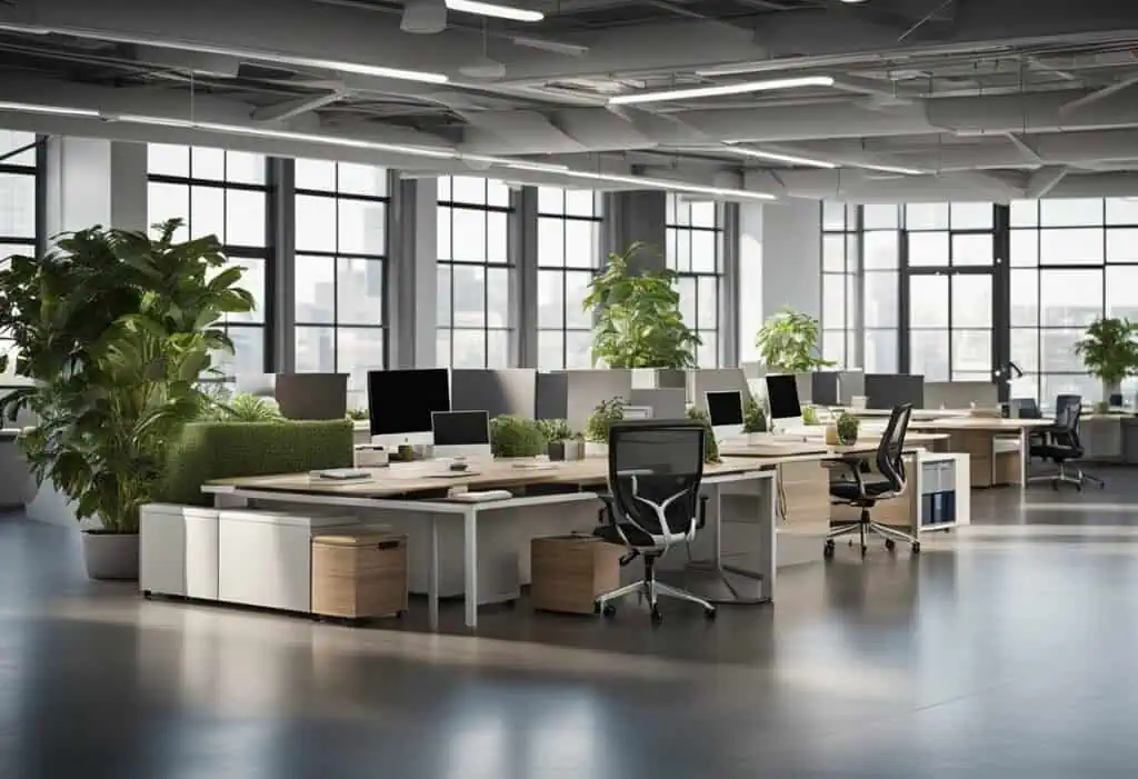 Bright office interior featuring ergonomic desks, comfortable chairs, and abundant natural light for.
