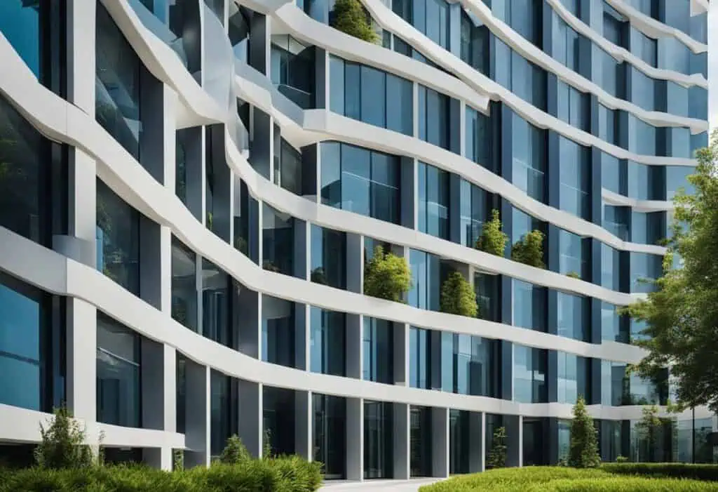 Elevated office building featuring innovative architecture and green accents for inspiring workspace.