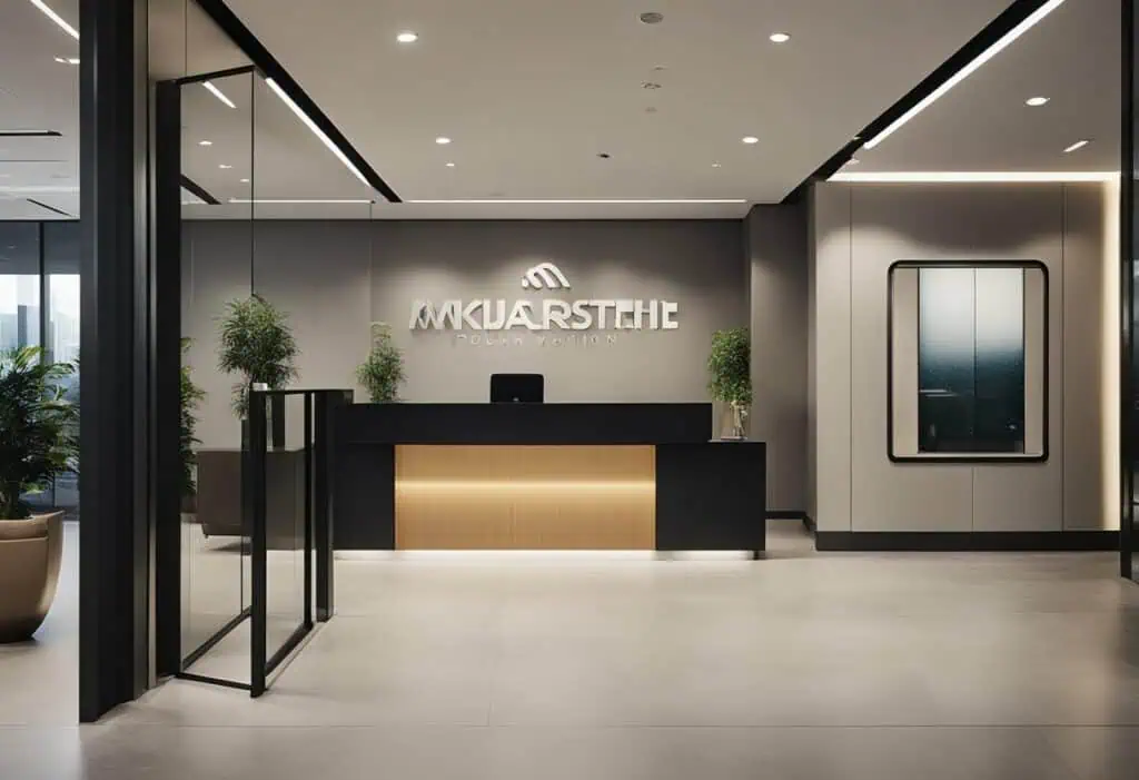 Office entrance design featuring a sleek reception desk and contemporary decor for a professional fi.