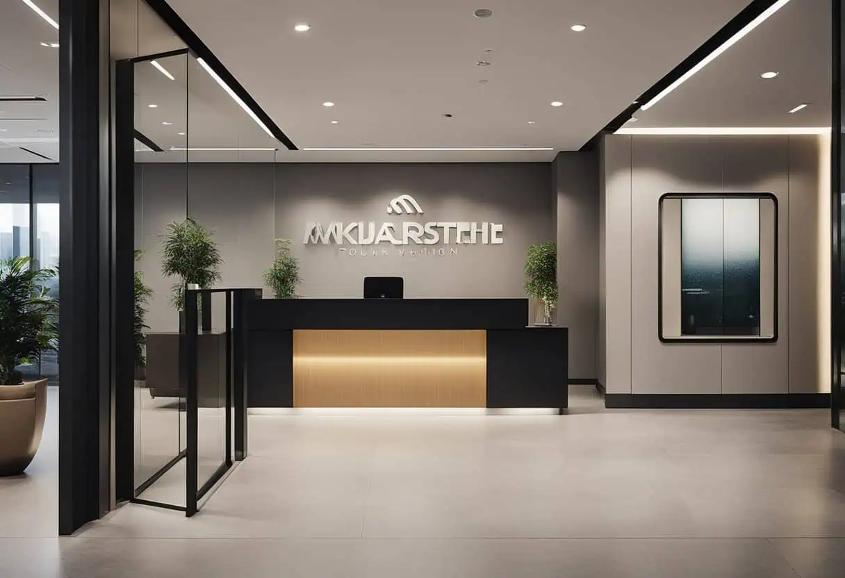 Office entrance design featuring a sleek reception desk and contemporary decor for a professional fi.