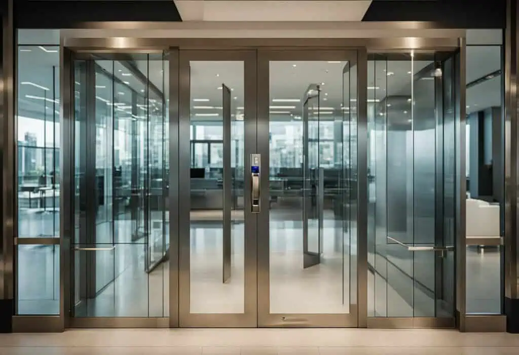 Modern glass office entrance door with sleek design and automatic sliding feature.