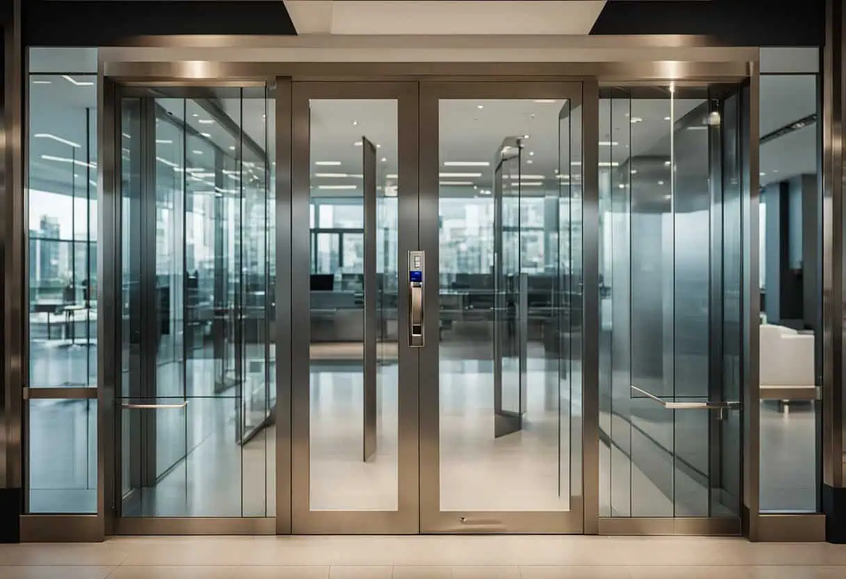 Modern glass office entrance door with sleek design and automatic sliding feature.