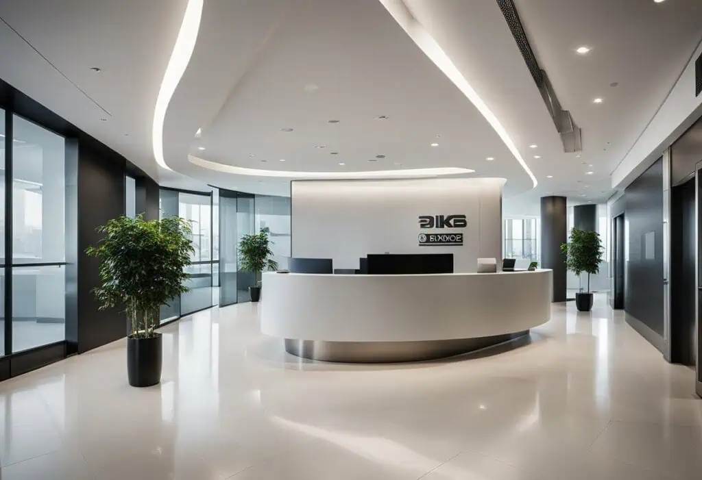 Elegant office entrance lobby featuring contemporary design, bright lighting, and lush potted plants.