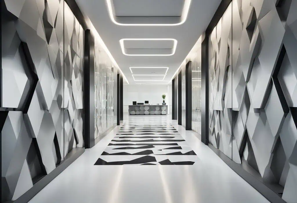 Elegant geometric wall decor enhances office entrance aesthetics and creates a professional first im.