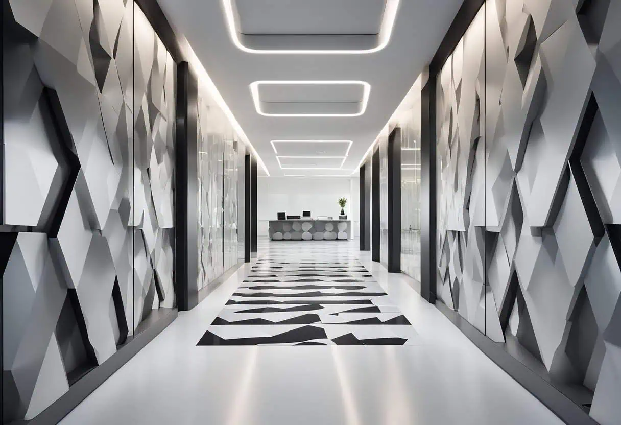 Elegant geometric wall decor enhances office entrance aesthetics and creates a professional first im.