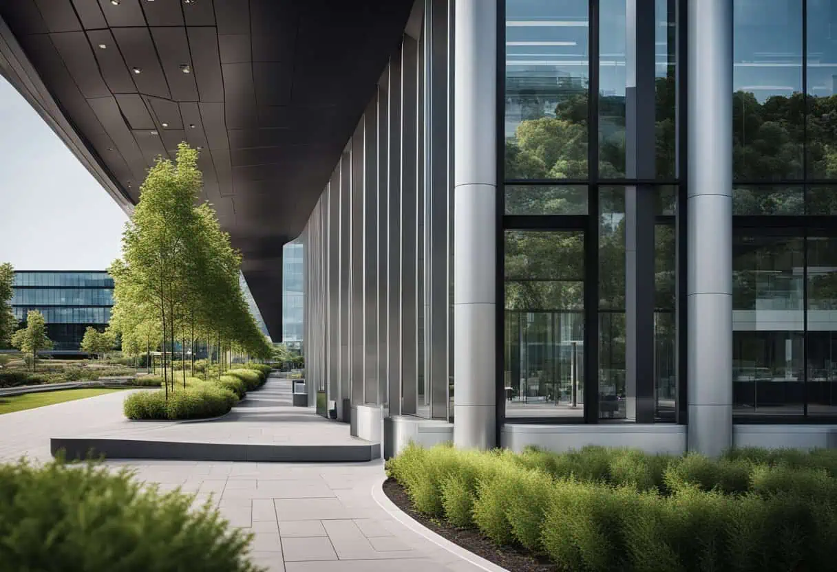 Contemporary office building featuring sleek glass walls, lush greenery, and a welcoming entrance, e.