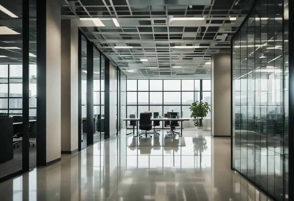 Office exterior wall design with sleek glass and modern architecture to enhance workplace curb appea.