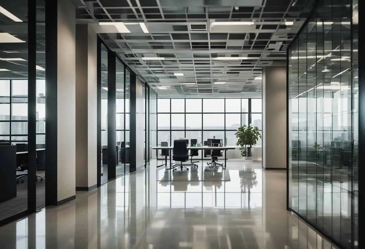Office exterior wall design with sleek glass and modern architecture to enhance workplace curb appea.