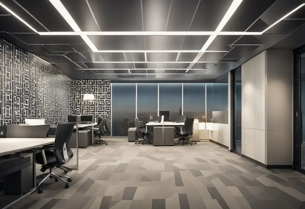LED-lit modern office false ceiling with geometric patterns and sleek design for contemporary worksp.