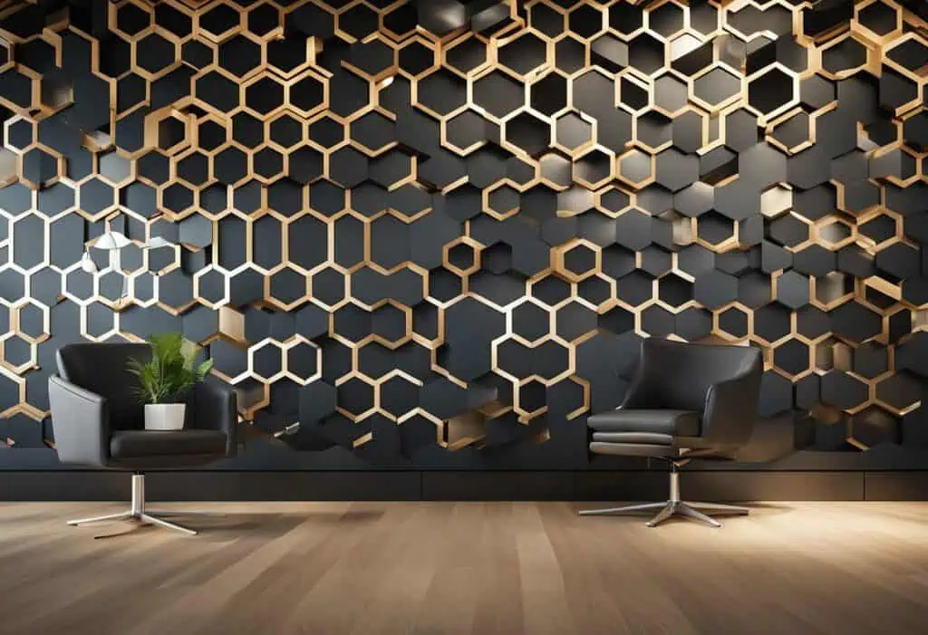 Office feature wall with black and gold hexagonal geometric design for stylish workspace enhancement.