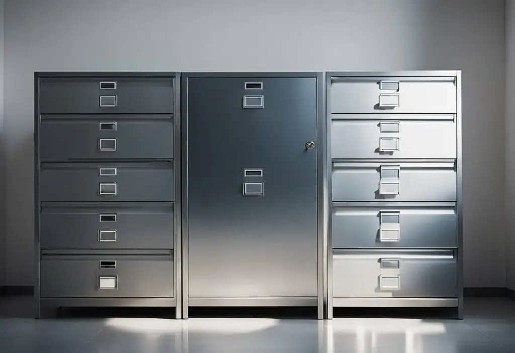 Office file cabinet with sleek metal drawers and secure central lock system.