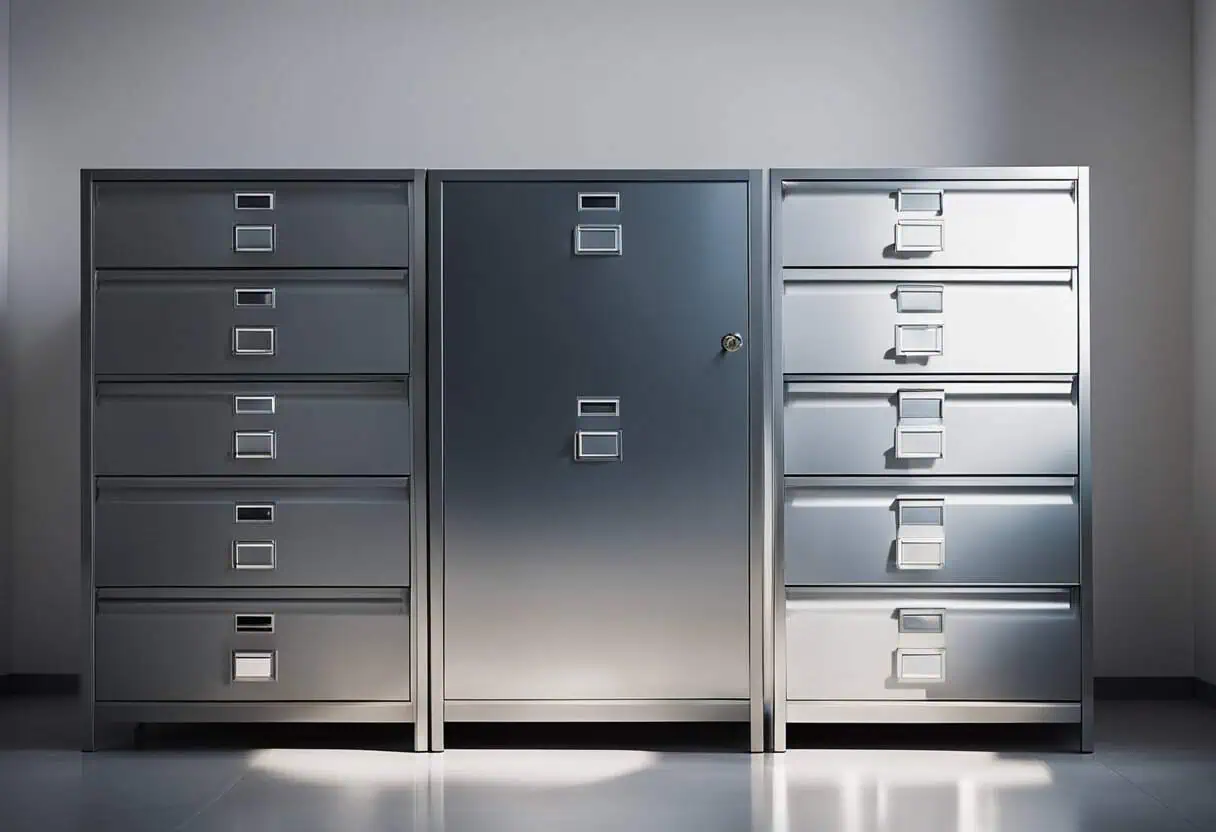 Office file cabinet with sleek metal drawers and secure central lock system.