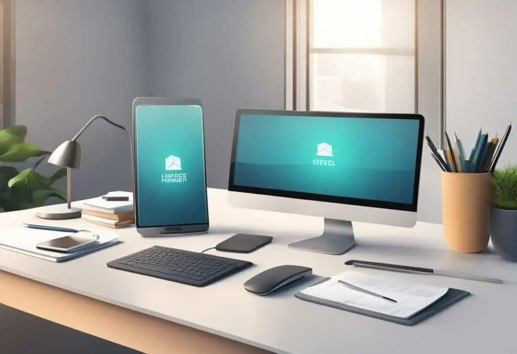 Clean and organized office desk with computer, smartphone, and stationery for a professional first i.