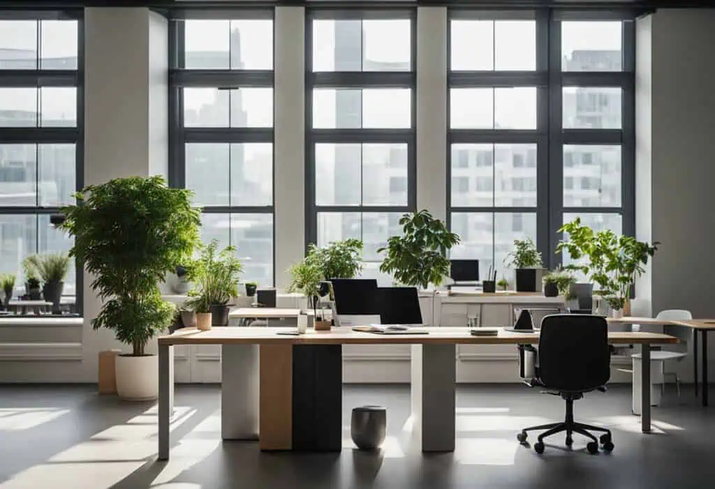 Bright office with large windows, modern desks, and lush green plants for a fresh workspace vibe.