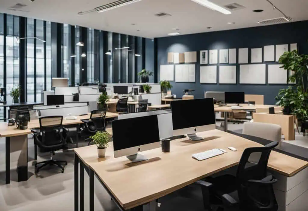 Office furniture setup with desks, chairs, and computers in a contemporary workspace.