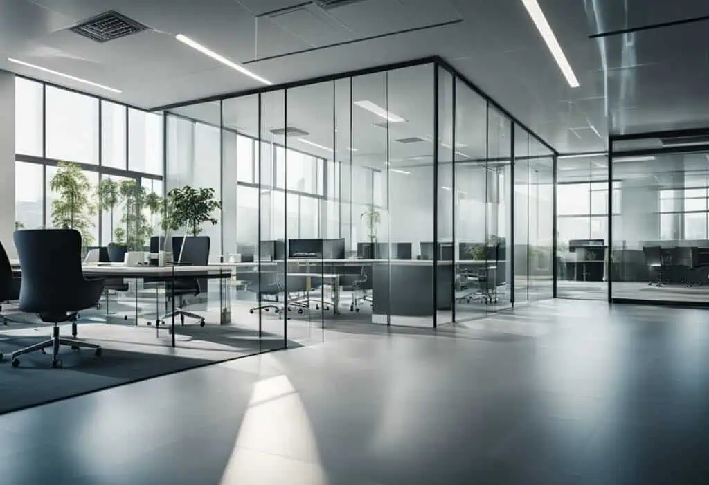 Contemporary glass office partition for modern workspaces, enhancing openness and natural light.