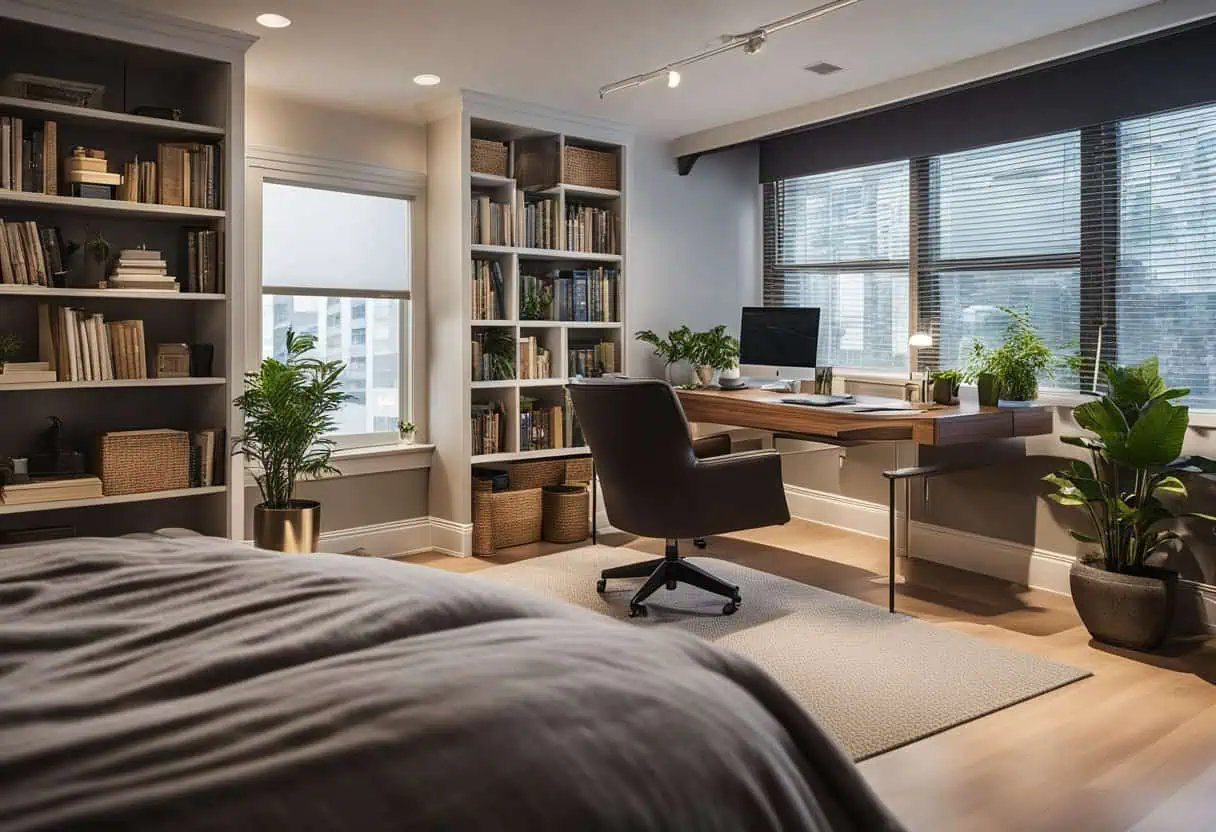 Office guest room designed for comfort and functionality with stylish bookshelves and lush greenery.