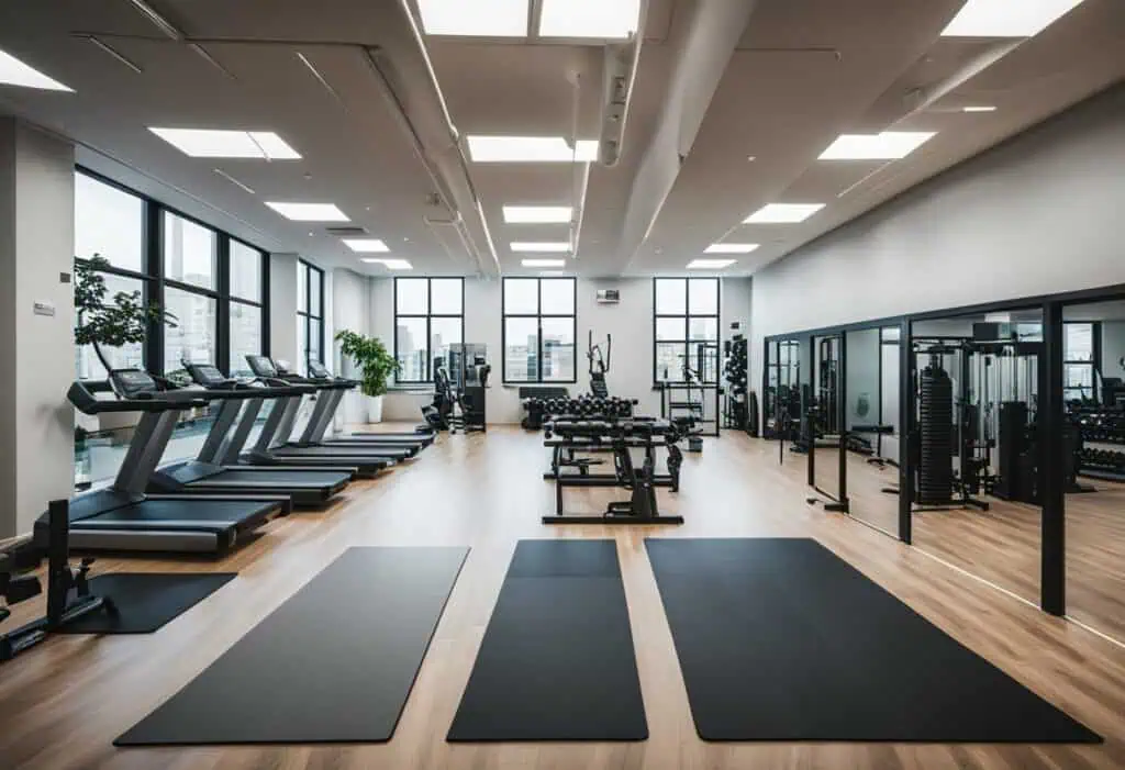 Office gym space with cardio equipment, free weights, and workout mats for employee health.