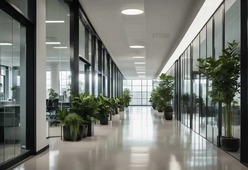 Office hallway design with lush potted plants and sleek glass partitions for a fresh workspace atmos.