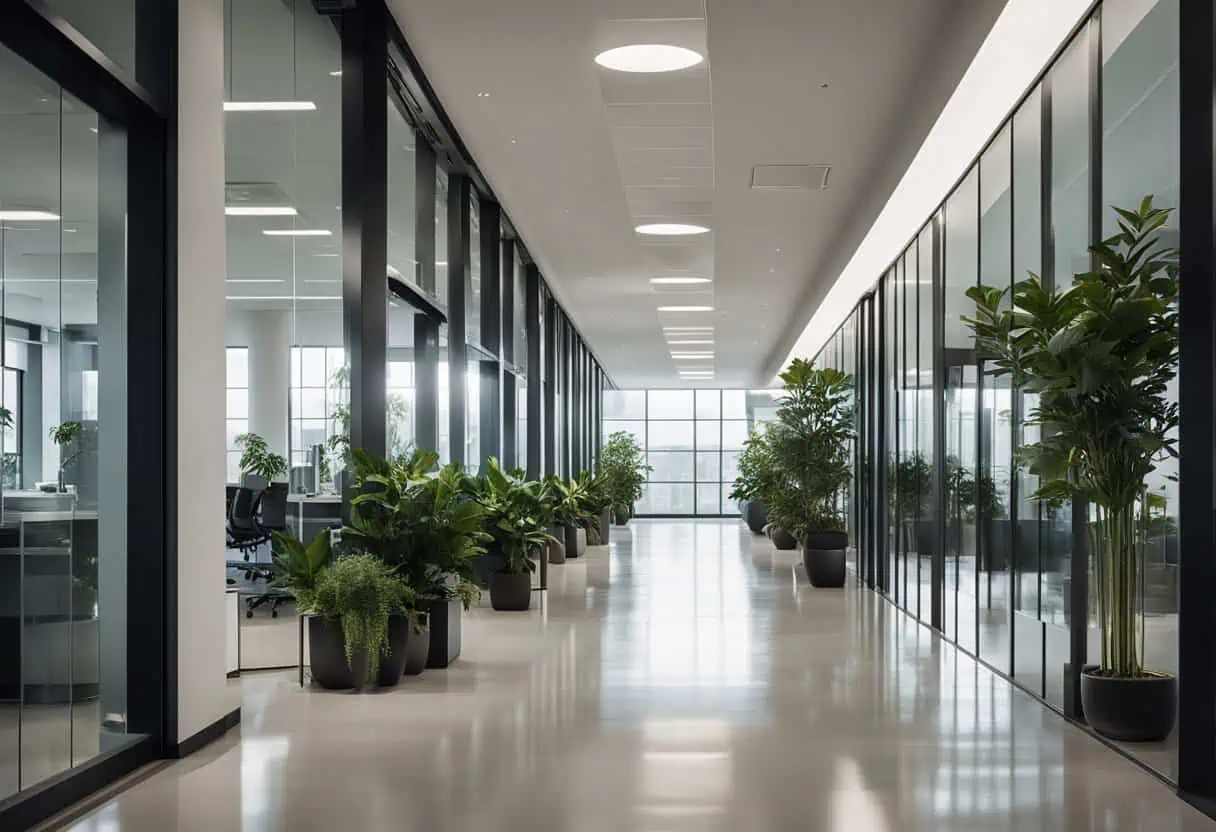 Office hallway design with lush potted plants and sleek glass partitions for a fresh workspace atmos.