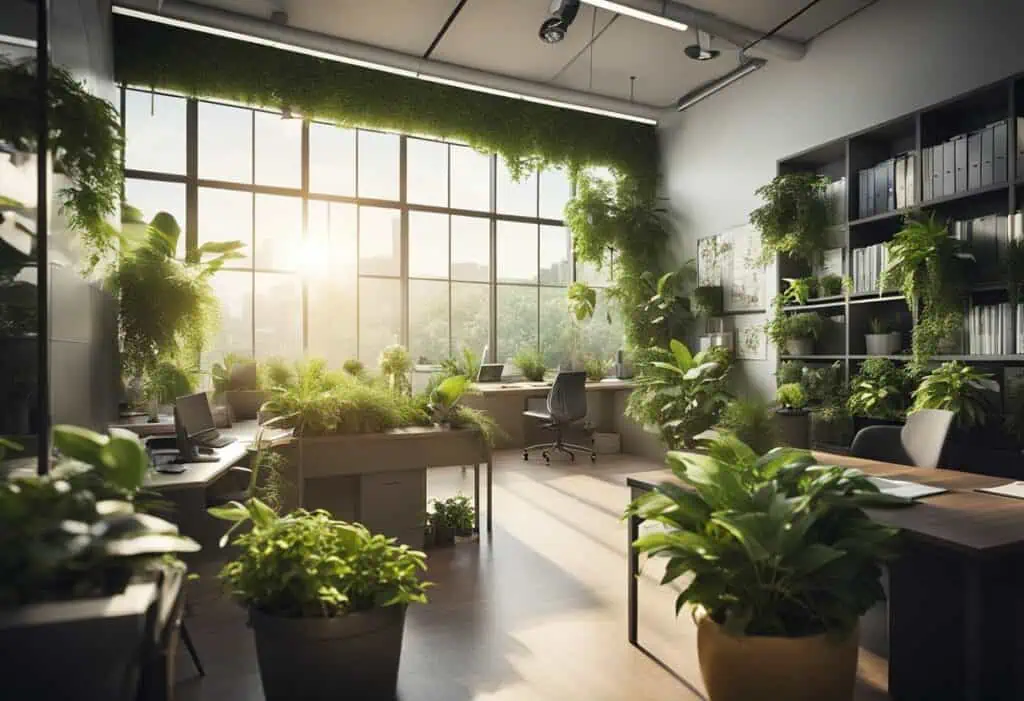 Bright office interior featuring lush green plants and natural sunlight for a refreshing work enviro.