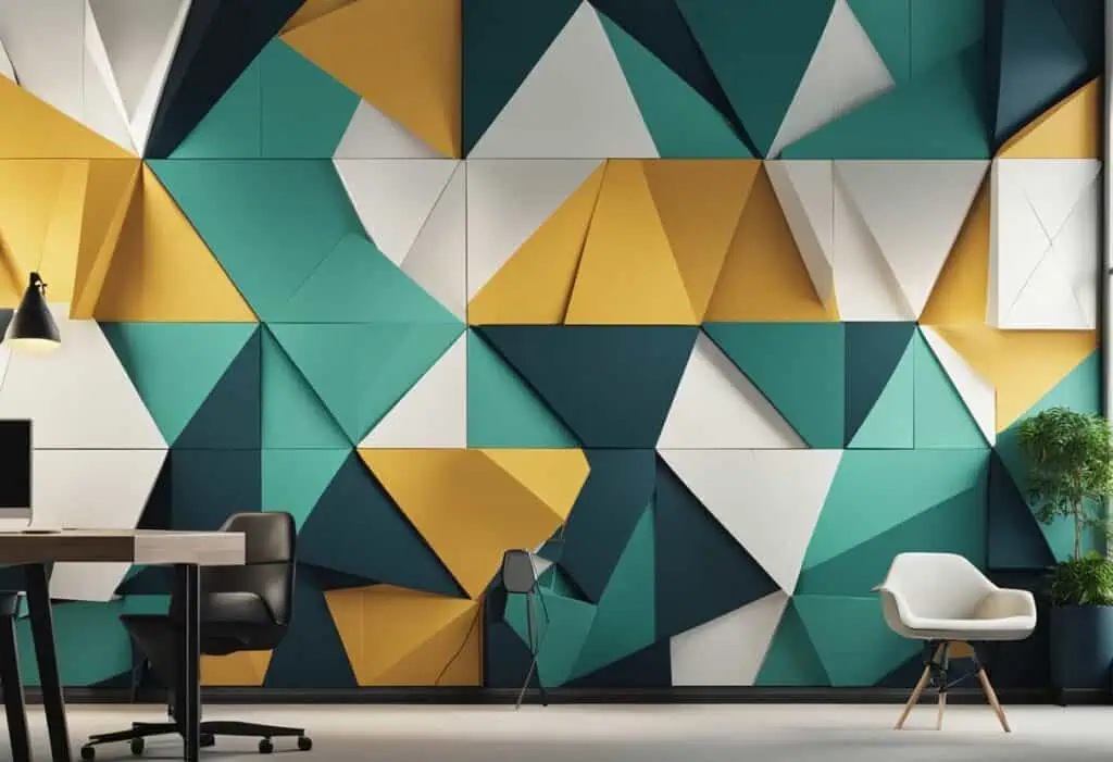 Vibrant geometric wall art in office interior, enhancing workspace aesthetics and creativity.