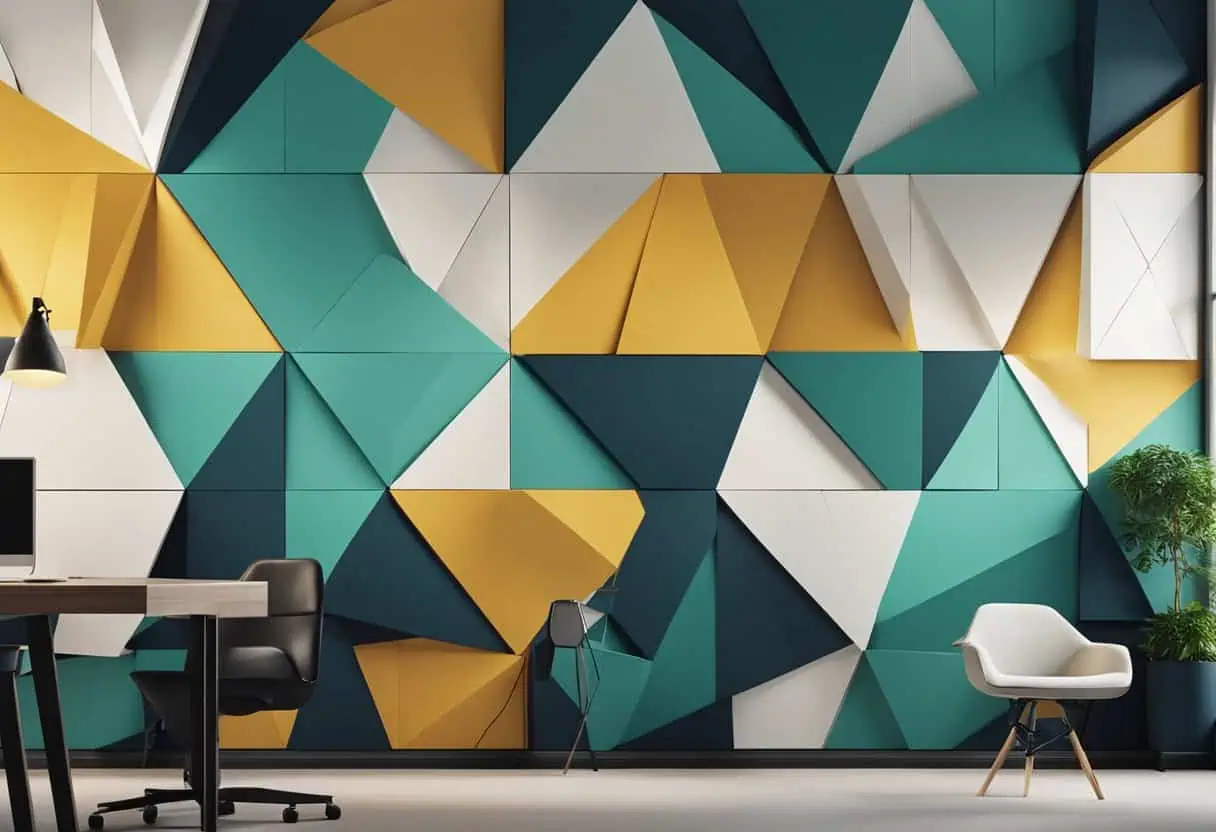 Vibrant geometric wall art in office interior, enhancing workspace aesthetics and creativity.