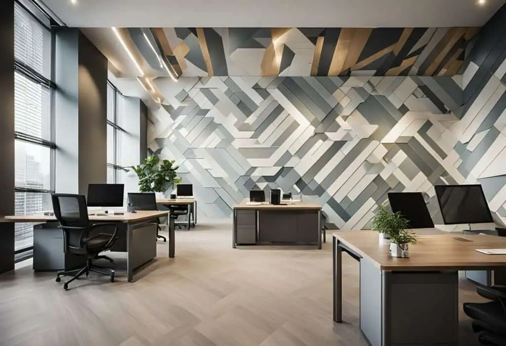 Office wall laminate design with geometric patterns enhancing workspace aesthetics and productivity.
