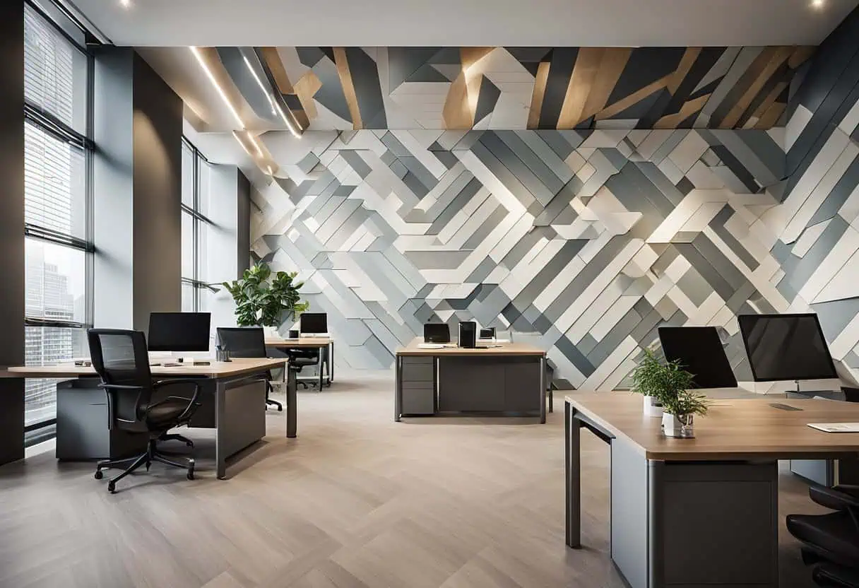 Office wall laminate design with geometric patterns enhancing workspace aesthetics and productivity.